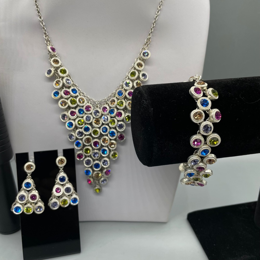 Multi Color Rhinestone Silver Tone Statement Jewelry Set Necklace Bracelet Ring - Picture 5 of 14
